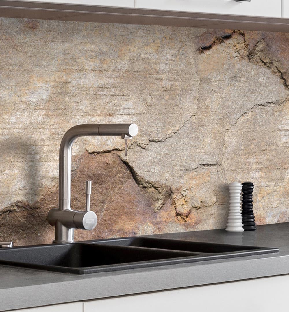 Küchenrückwand Folie Selbstklebend Matt - Einfache Montage ohne Bohren - Fels Struktur 280x60cm - Spritzschutz Küchen Kl