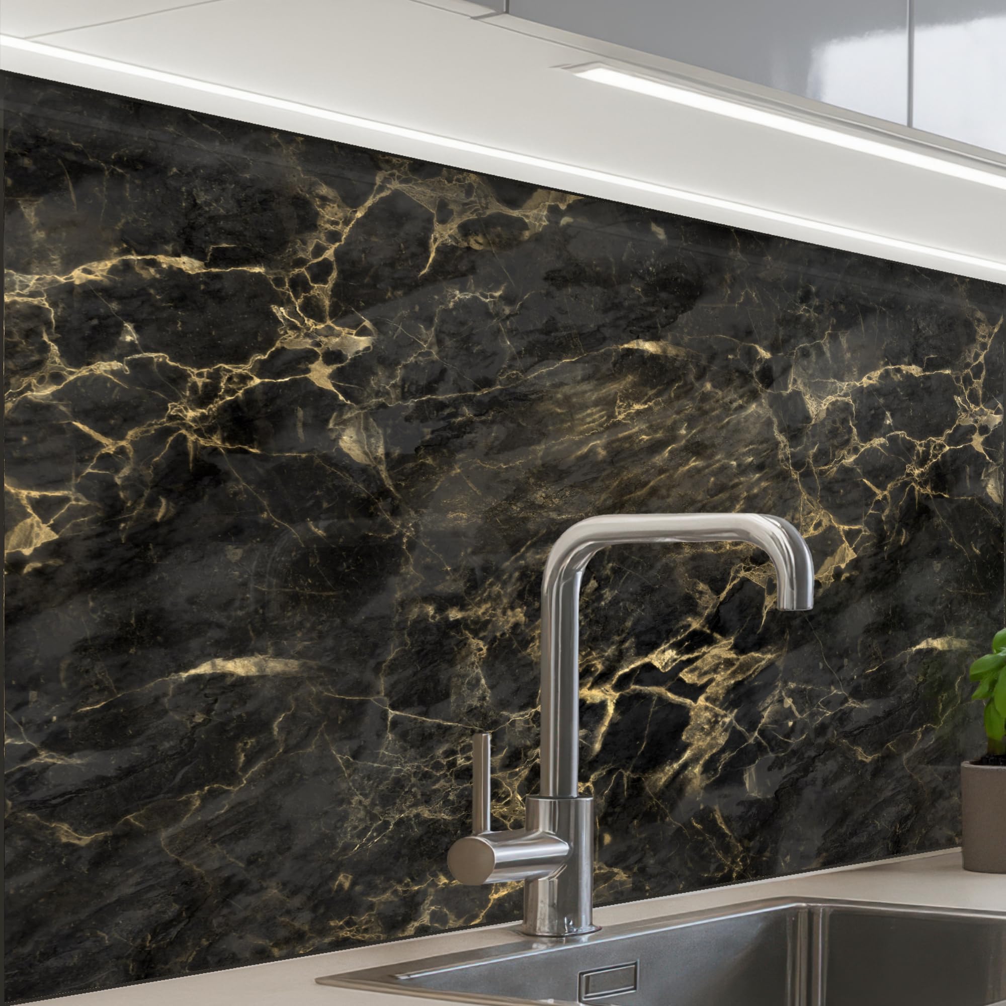 Rückwand Küche Selbstklebend Schwarz - Marmor - Gold - 60x80 cm - Spritzschutz - Küchenrückwand - Küchenfront - Suche na